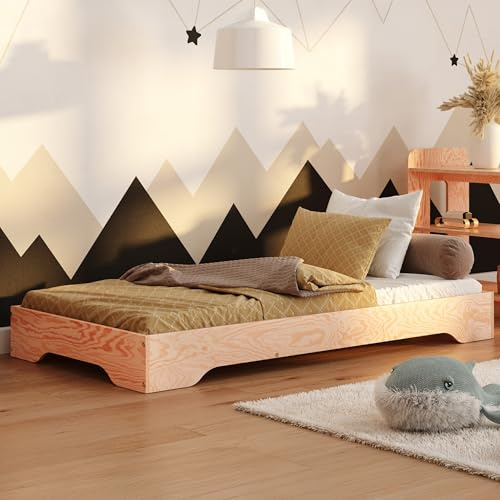 smartwood Kinderbett 140x200 cm mit Lattenrost, aus Holz, TILA 7 | Montessori Bodenbett, Einstiegshöhe 18 cm, Belastbar bis 300 kg, FSC-Kiefernsperrholz, abgerundete Kanten, Einfache Montage