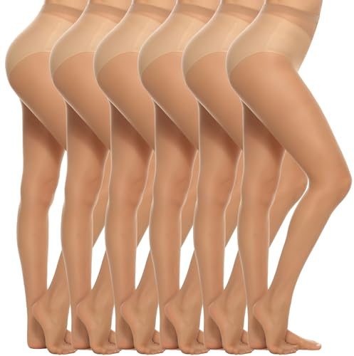 MANZI 6 Paar Feinstrumpfhose Damen Transparent Strumfphosen 20 Denier Ohne Muster Seidig Glänzende Natürliche Nackte,L