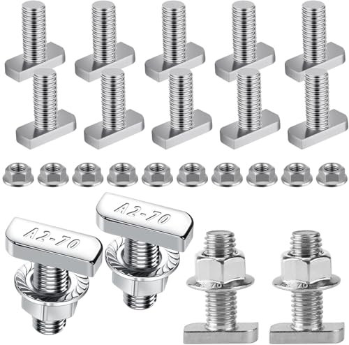 Yeasing T Bolt Set M8x20mm T Slot Drop-in Bolt Hammer Head Bolts T Shape Stud Sliding Screw with 10 Pcs Hexagon Flange Nuts for Aluminum Extrusion Profile Photovoltaic Solar Mounting, sliver