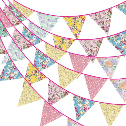 G2PLUS 12M Floral Fabric Bunting, 19x21CM Garden Bunting, Large Reusable Cotton Banners with 42PCS Flower Pennants for Garden, Afternoon Tea, Spring Decorations