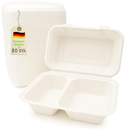 Greenkaufen Bio (50 stück) Bagasse stabil Einweg Warmhalte- Menüboxen 2 geteilt, Klappbox, Snackboxen IP10, 23x15x8cm 900 ml weiß umweltfreundiche menubox Verpackungsboxen