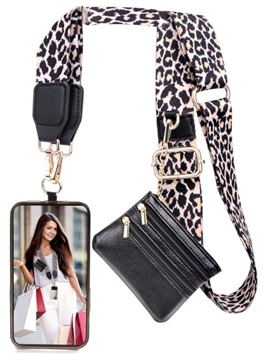 XANGNIER Clip and Go Strap for Phone with Wallet Crossbody, Save Girls Phone Strap with Zippered Wallet, Adjustable Anti Theft Cellphone Lanyard for Women, Cellphone Chain Accessories,Leopard