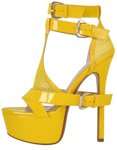 onlymakerheels Women's High Stiletto Heels Platform Mesh Buckle Open Toe Ankle Strap Dress Shoes Sandals Yellow Size9