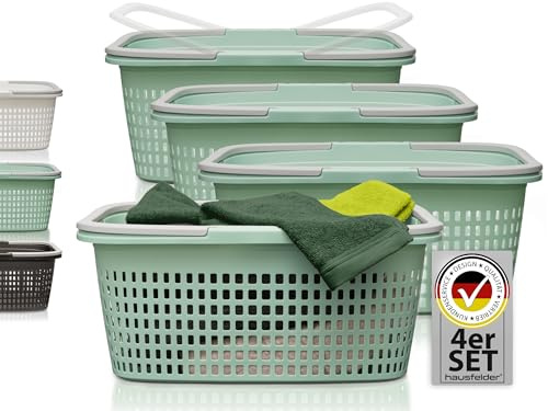 Hausfelder Wäschekorb 4er Set 35L, 58x37x25cm, Jadegrün | Stabile Wäschekörbe in Jadegrün, Wetterfest mit Henkeln & Griffen, Wäschewannen Plastik 58x37x25cm