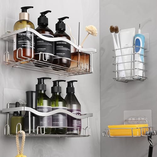 ALOCEO Estante de Ducha, 4 Piezas Estante de Baño Adhesivo, Almacenamiento de Accesorios de Ducha con Jabonera Portacepillos de Dientes sin Perforar Acero Inoxidable, Plata
