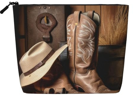 EZDLOWVBA Make-up-Tasche mit Cowboyhut, Westernstiefel, schwarzer Cowboy-Hut, Westernstiefel, bedruckt, künstlicher Hanf, Make-up-Tasche für Reisen und tägliche Aufbewahrung, wiederverwendbare