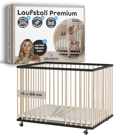Sämann Laufstall Baby mit Matratze, Schlupfsprossen & Lattenrost | stufenlos höhenverstellbar | Laufgitter Premium | Babybett aus Holz | Krabbelgitter (schwarz/natur, 75x100 cm)