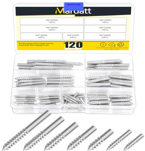 Mardatt 120Pcs M4 M6 Hanger Bolts, Double Headed Bolts Self-Tapping Screw Hanger Bolts for Furniture Screws Double Screw Threaded Rods Bolt, M4x25, M4x30, M6x30, M6x35, M6x40, M6x50, M6x60