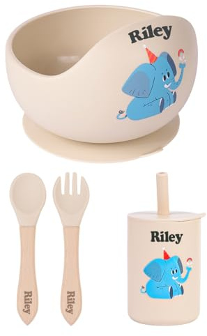 TYRY.HU Kindergeschirr Set mit Namen,Baby Silikon Geschirrset,Einschließen Babyschüsseln mit Saugnapf Löffel und Gabel,Trinkbecher Fütterung,Entwöhnungszubehör für Kleinkinder Babyfütterungsset
