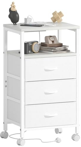 Lutown-Teen Nachttisch Nachtschrank Weiss mit 3 Schubladen, Weiß | 2 AC-Steckdosen und 2 USB-Anschlüsse, Beistelltische mit Rollen für Wohnzimmer, Schlafzimmer