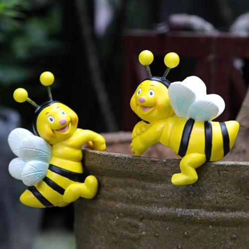 2 Stück Garten Deko Miniteich Biene Statue, Teich Deko Garten Harz Biene Ornament Für Draußen Wetterfest, Gartenfiguren Miniteich Teichdeko Kantenhocker Bee Für Herbst Blumentopf Gartenteich (J)