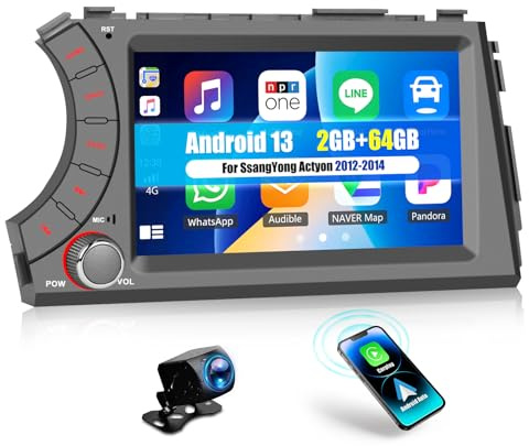 OiLiehu 2G+64G Android 13 2 DIN Carplay y Android Auto Radio para SsangYong Actyon 2012-2014 Pantalla 7 Pulgadas con Mirror Link EQ Bluetooth SWC FM/RDS WiFi GPS Camara Marcha Atras