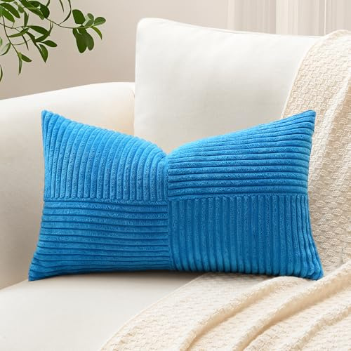 Sungeek Lot de 1 Housse de Coussin 30x50 cm en Velours Côtelé, Housse Coussins Patchwork à Rayures Croisées Doux Taies d'oreiller Décoratives pour Lit Canapé Chambre Salon, Bleu