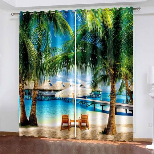Lirzxin Verdunkelungsvorhang 138 cm Lang, Blickdichter Vorhang mit Ösen 2er Set Blau Grün Kokosnussbäume Meer Strand Landschaft Gardinen für Wohnzimmer Schlafzimmer, 107x138 cm(BxH)
