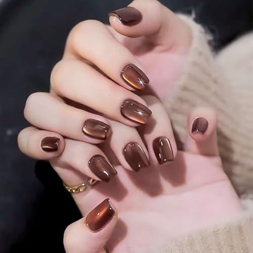 ZILZUFA Lot de 24 Français Faux Ongles Court Carré Press on Nails, Ongles Autocollants Adhesif Acrylique Pleine Couverture Faux Ongles Autocollants pour Femmes et Filles (Maillard)