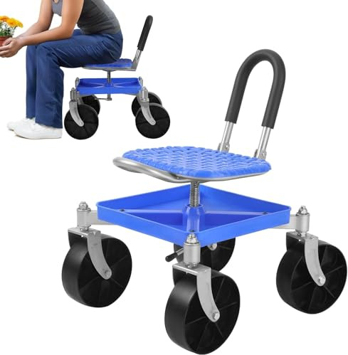 tekrabea Gardening Rolling Seat, Height Adjustable Rolling Garden Cart, 360 Degree Swivel Gardening Stool with Tool Tray, Rolling Work Seat for Gardeners Elderly Seniors