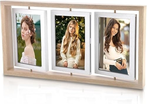 Cornice portafoto girevole, collage double face, per 6 foto, cornice portafoto in legno, 10 x 15 cm, con protezione in vetro acrilico, regalo per compleanno, famiglia, matrimonio, Natale