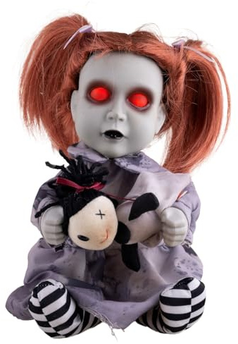 Funny Fashion Halloween Dekofigur „Geisterpuppe mit Teddybär“ 26 cm | Animiert mit Licht & Sound | Grusel Tischdeko