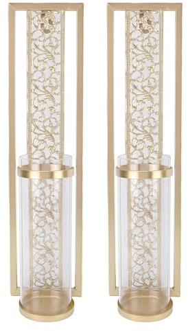 Aramox Wandkerzenhalter, 2 Stück, Vintage-Metall-Wandkunst mit Glasabdeckung für Heimdekoration, Eisen und Glas, Rustikale Bauernhaus-Dekoration, Wohnzimmer, Schlafzimmer (GOLD)