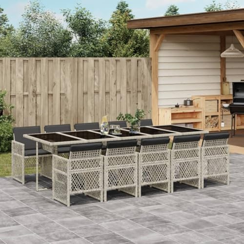 JHQHSM 11-TLG. Gruppo da giardino con cuscino, grigio chiaro, piano in polyrattan in vetro e sedie pieghevoli per terrazza e balcone, rattan PE facile da pulire, salvaspazio, lavabile