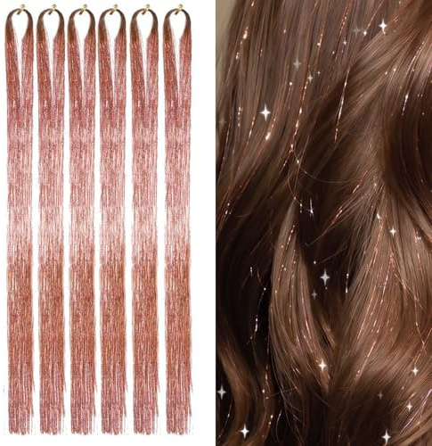 6 PCS Hair Tinsel Extensions, 48cm Holographic Glitter Strands, Colorful Synthetic Highlights for Party Christmas Halloween, Brown