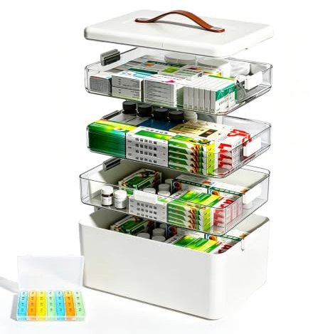 Boîte de rangement pour médicaments 4 Étages, avec Pilulier Hebdomadaire | Plastique Résistant, Compartiments, Boîte Hebdo 4/Jour, Anse Cuir, Anti-Lumière, Maison/école/Voyage, 34x31x22cm