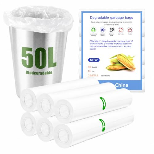 NARYVORA 90 Piezas Bolsas Basura Biodegradable 50L, 6 Rollen 60x80cm Bolsa Basura, 13 Gal Prueba de Fugas Bolsas de Basura para Sala de Estar, Cocina, Baño, Oficina, Blanco