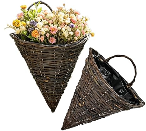 Rattan Wand Blumenampel konisch, Pflanzkorb geflochten zum Hängen halbrund, blumenampel,hängeampel outdoor für Innen und Außen, Blumenkorb Hängetopf Blumen Deko (Kaffeebraun-35*30cm-2 Stück)