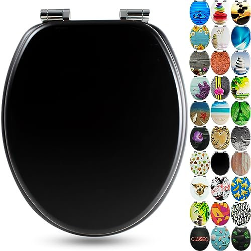 Sanfino® Premium Toilet Seat with Soft Close - Wooden Toilet Lid, Lots of Colourful and Decorative Designs, high Seating Comfort, Easy to Install Including Instructions - All Black