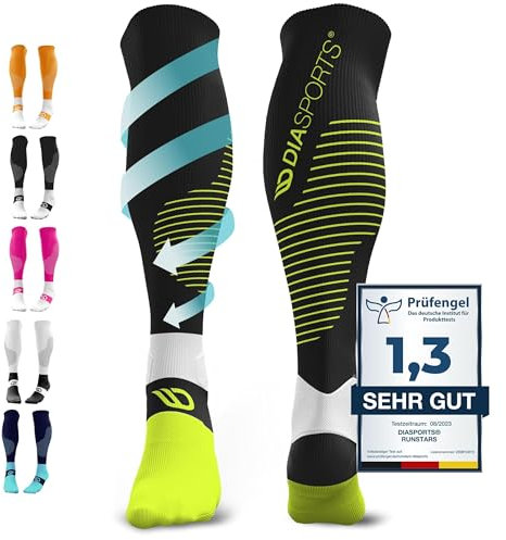 Diasports Kompressionsstrümpfe Sport, Laufen, Marathon und Triathlon RUNSTARS | Erstklassige Kompressionssocken mit gleichmäßiger Kompression und verstärkter Ferse für Damen und Herren (Schwarz, L)