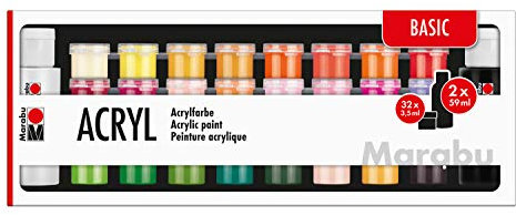 Marabu 1210000000208 - Großes Einsteigerset Acrylfarben Basic, 32 x 3,5 ml und 2 x 59 ml, auf Wasserbasis, wasserfest und lichtbeständig, schnelltrocknend für Keilrahmen, Papier, Pappe, Holz