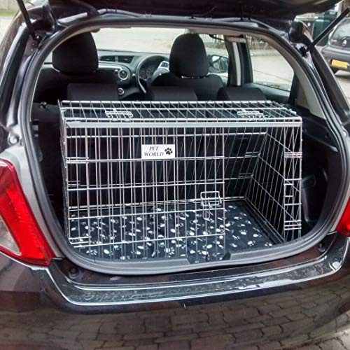Pet World Medium 34 Sloped Car Dog Crate – Compatible with Toyota Yaris – UK Designed, Steel Travel Cage – Emergency Escape Hatch – Folds Flat – Free Comfort Mat – Easy Assembly