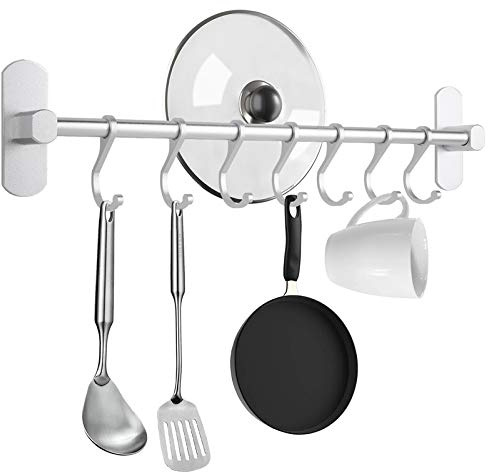 Poprkdre Hakenleiste Küche ohne Bohren, Selbstklebend Küchenschiene mit 7 Haken, Kleiderhaken ohne Bohren, 20kg Tragfähigkeit, Aluminium