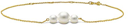 MIORE Schmuck Damen Armband mit 3 weiße runde Süßwasserperlen 6.5 mm Armkette aus Gelbgold 14 Karat / 585 Gold, Länge Einstellbar 18-22cm