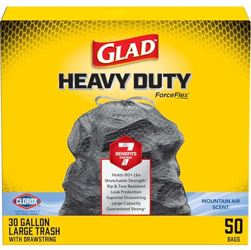 Glad ForceFlex Heavy Duty Trash Bags With Clorox, Mountain Air, 30 Gal, 50 Ct (Package May Vary)