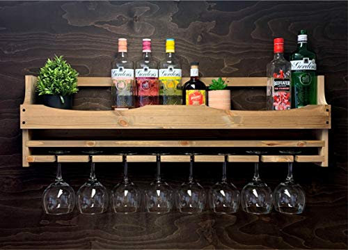 Wooden Shabby Chic Gin Bottle and 8 Balloon Glass holder - Wall Mounted Display (8GWO)(EL)