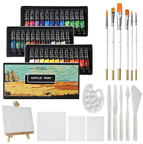 Set di 36 Colori Pittura Acrilica, 12 ml x 36 Tubetti con 6 Pennelli, Palette di Coltelli, Tela, Cavalletto, per Pittura Artistica su Legno, Ceramica, Tessuto, Artigianato GC-APK36