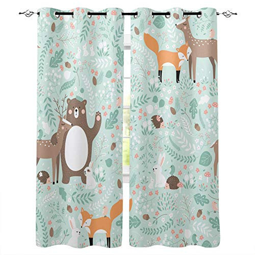 MXYHDZ Blickdicht Vorhang für Schlafzimmer - Blau Cartoon Bär Hirsch Fuchs - 3D Druckmuster Öse Thermisch isoliert - 234 x 229 cm - 90% Blickdicht Vorhang für Kinder Jungen Mädchen Spielzimmer