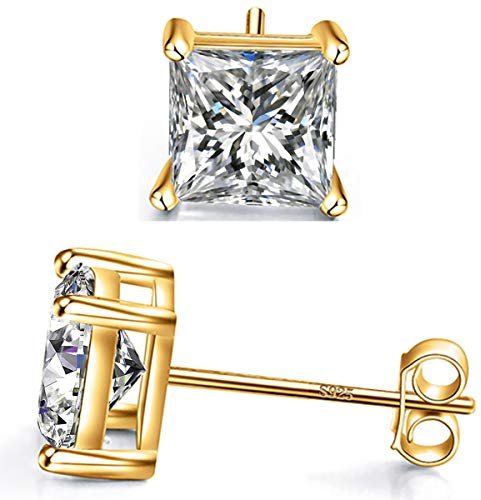 Boucles D'oreilles à Tige Carrées en Argent Sterling 925 Avec Oxyde de Zirconium Taille Princesse Pour Femmes, Hommes et Filles Avec Plaqué or 18 carats