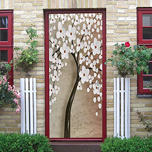 LuSeven 3D Bewirken Türtapete Weiß Blumen großer Baum 90x215cm(35.43 inches * 84.64 inches) Türfolie Poster Tapete Fototapete Wasserdichte abnehmbare Tapete Vinyl Tür Aufkleber Innentür Schlafzimmer B