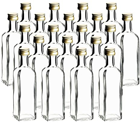 gouveo 20er Set Glasflaschen 60 ml (0,06 l) Maraska mit Schraubverschluss Gold PP18 eckige Mini-Flaschen aus Klarglas zum Abfüllen, Portionieren & Verschenken (MFET060G)