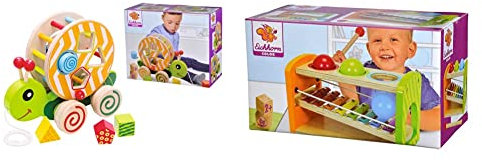 Eichhorn 100002231 NachziehStecktier, mit 4 versch. Steckbausteinen, 15x24x19,5cm & 195028 Xylophon Klopfbank, enthält: Klöppel, 8X Noten, 3X Kugeln, 6-TLG., Birkenholz, 12,5x25x14cm