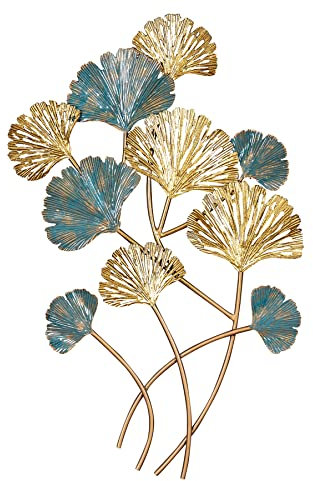 levandeo Tableau mural en métal - 48 x 76 cm - Ginkgo doré et bleu - Décoration murale