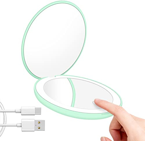 Sweetone Compact Mirror, Small Pocket Mirror 1X/10X Magnifying with Light, Portable Travel Mirror with 3 Colour Modes & Adjustable Brightness, Handheld Makeup Mirror for Travel,Handbag (Green)
