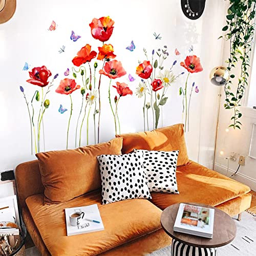 Große Vintage-Blumen-Aufkleber, Blumenaufkleber, Pflanzenranken, Schmetterlinge, Wandkunst-Aufkleber für Schlafzimmer, Wohnzimmer, Büro, Sofa, TV-Wand, Heimdekoration