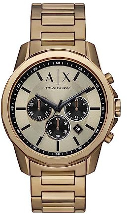 Armani Exchange Reloj Tono Oro para Hombre, Movimiento cronógrafo Cuarzo y Caja 44mm con Correa Acero Inoxidable, Tono Dorado y Crema