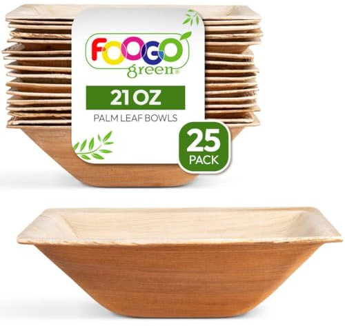 FOOGO Green 25pcs Disposable Palm Leaf Bowls, 6.5 (16.5cm) 21oz (600ml), for Soup, Desserts & Salad, Deep Square, Sturdy Eco Friendly Biodegradable, Bamboo, Wooden and Strong Paper Bowls