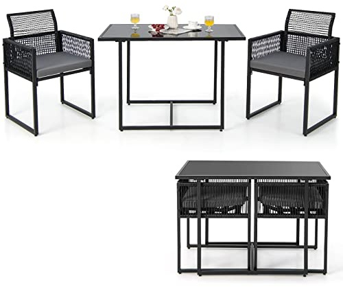 COSTWAY Terrassen-Möbel-Set, 3-teilig, aus PE-Rattan, mit klappbarer Rückenlehne, Belastung 150 kg, Gartenmöbel, mit Kissen, Tischplatte aus Hartglas, für Garten am Pool