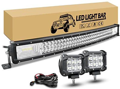 RIGIDON 80 cm 405W Led Bar Gebogen mit 12V Kabelbaum, 2x 10 cm Spotlight | Dreireihig Led Arbeitsscheinwerfer, Spot Offroad Zusatzscheinwerfer Arbeitslicht für Auto SUV LKW KFZ Traktor 4x4 Fahrzeuge