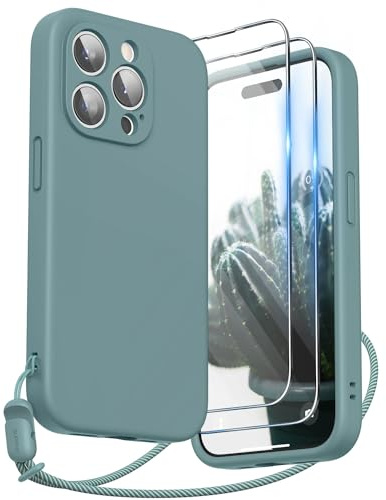SURPHY Design for iPhone 15 Pro Case, Liquid Silicone Protection for Each Lens [2 x Screen Protectors & 1 x Lanyard] Shockproof Cover for iPhone 15 Pro 6.1 inch 2023, Cactus Green